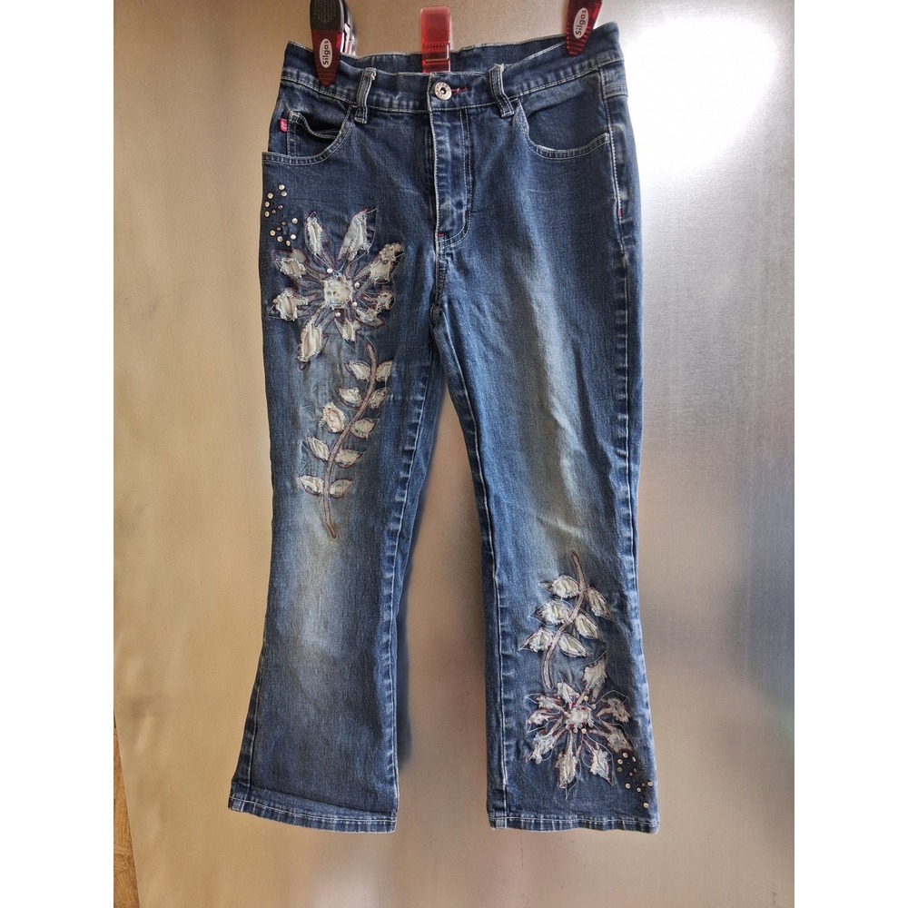 Paco Jeans Denim Blue Floral Embroidered Rhinestone Y2K Straight Leg‎